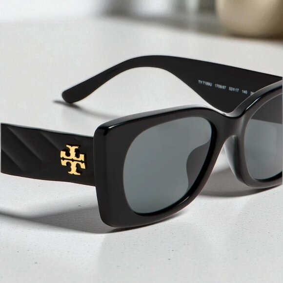 Tory Burch Kira Quilted Geometric Sunglasses | Black Acetate | Logo Gold Detail - Picture 1 of 16
